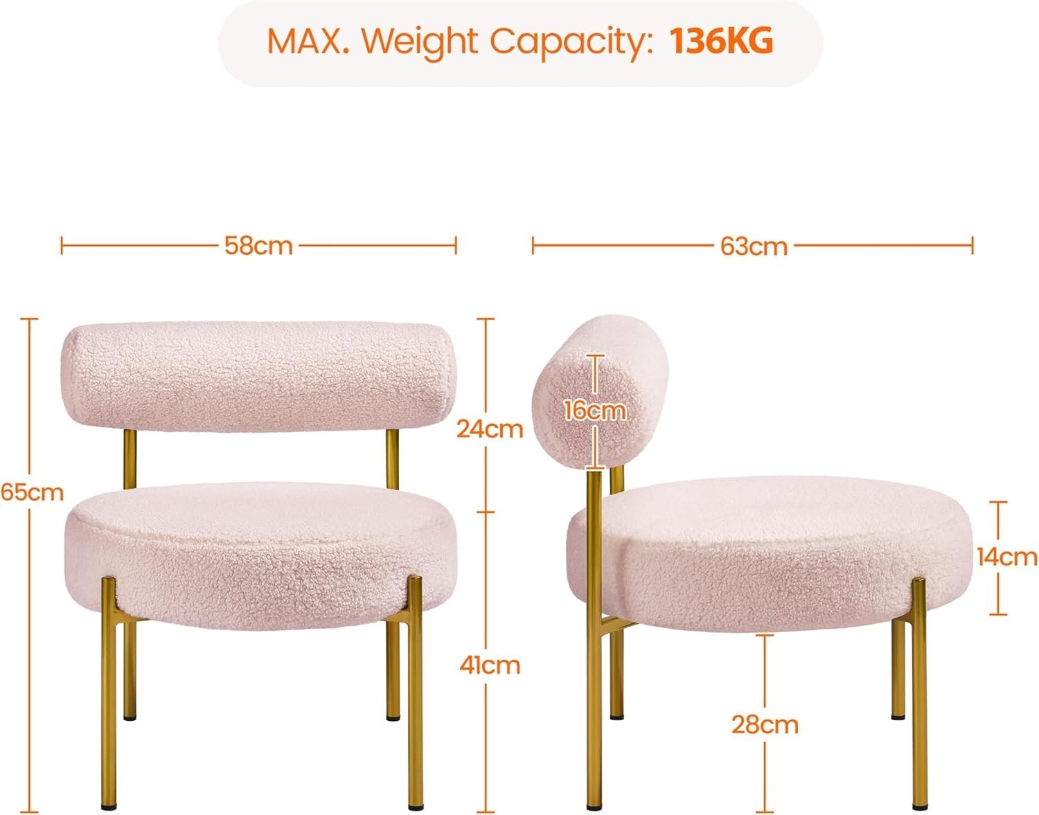 Pink Bouclé Tub Chair Cozy Sherpa Barrel Seat w/ Gold Legs for Bedroom & Vanity