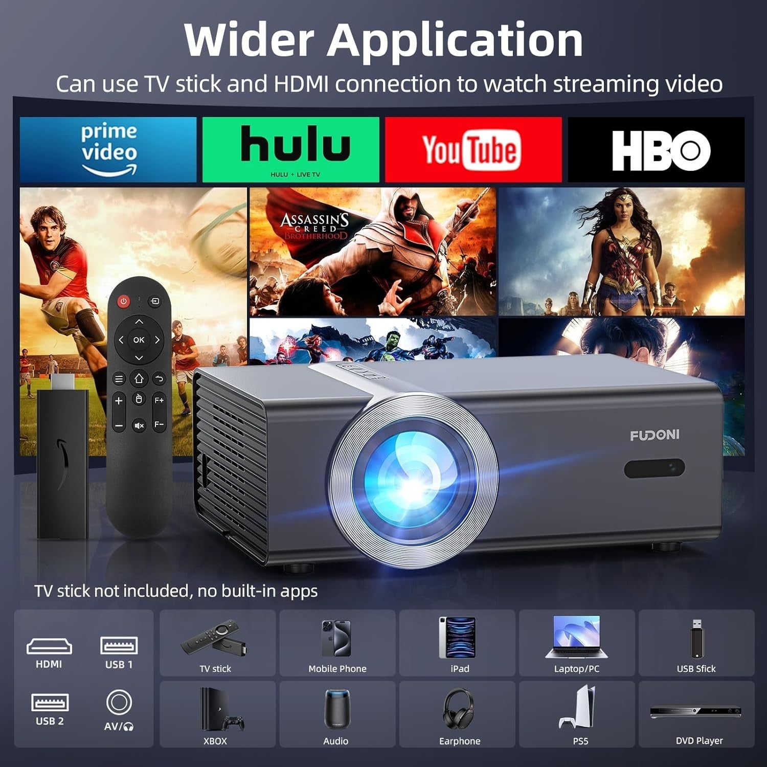 1080P WiFi Bluetooth Projector 4K Support Electric Focus 300"