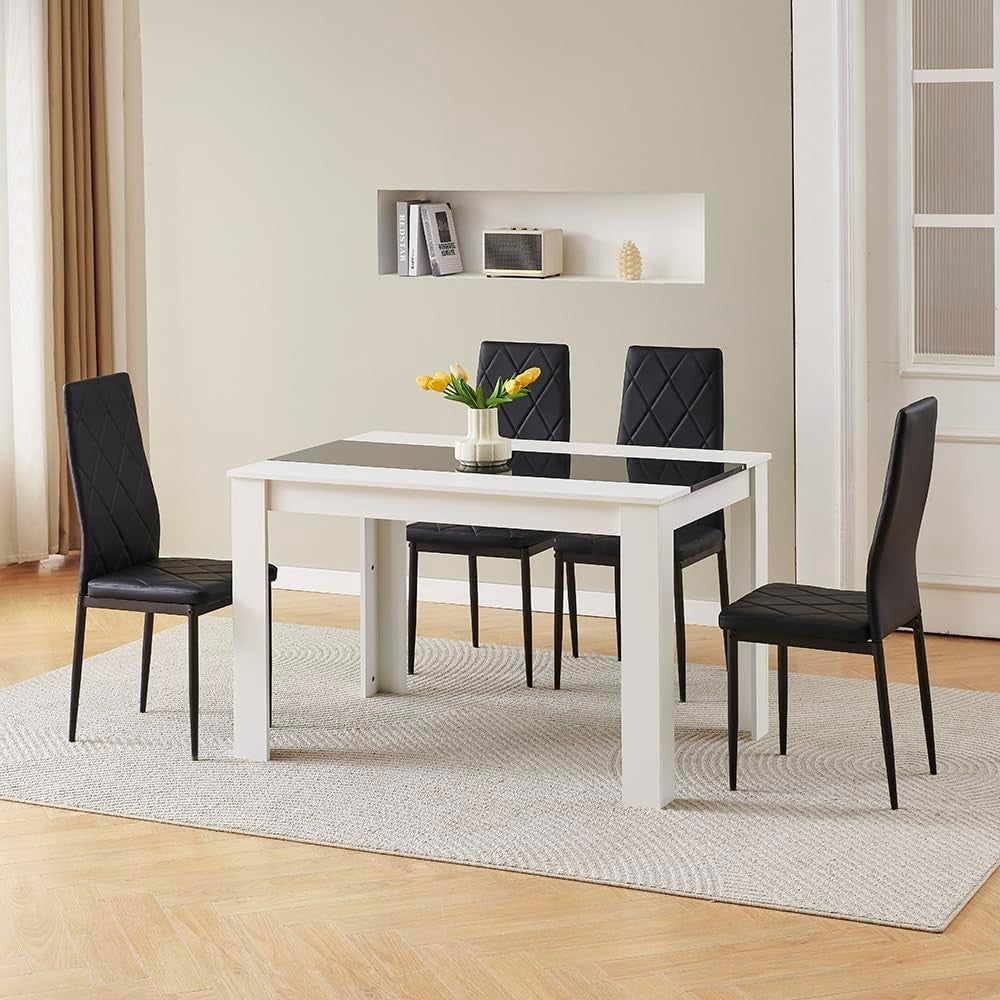 White 4-Seater Dining Table Set with Black Leather Chairs | Space-Saving