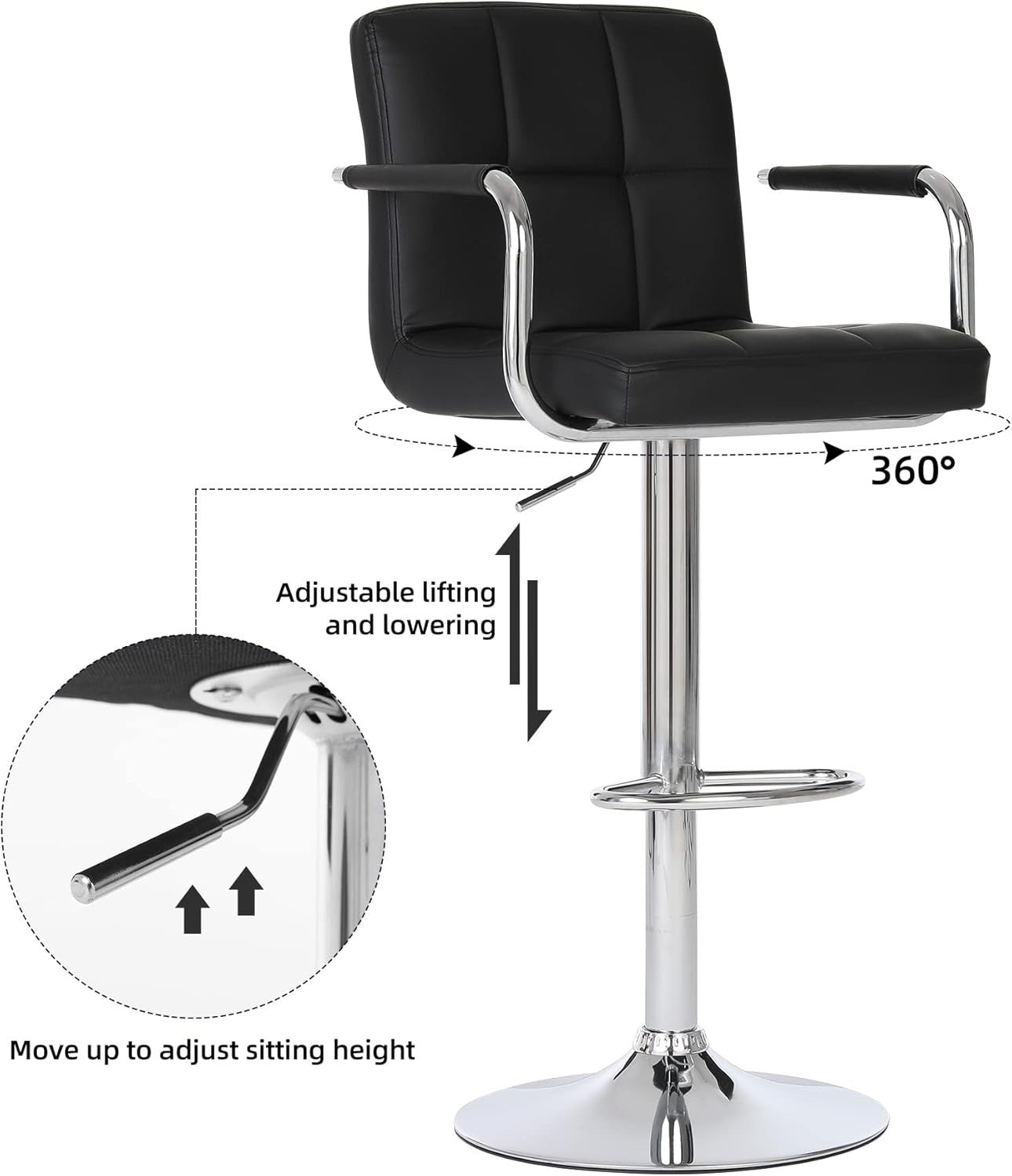 2PCS Black Adjustable Cuban Bar Stools PU Leather Arms Backrest