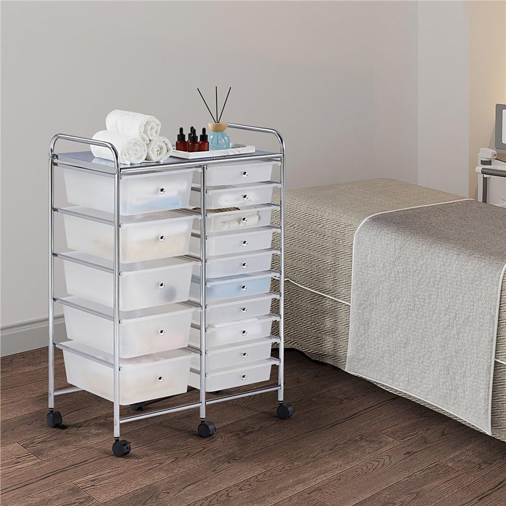 15 Drawer Rolling Storage Trolley White Beauty Office Organizer Cart