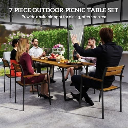 7 Piece Garden Dining Set Wooden Patio Table & 6 Chairs Parasol Hole