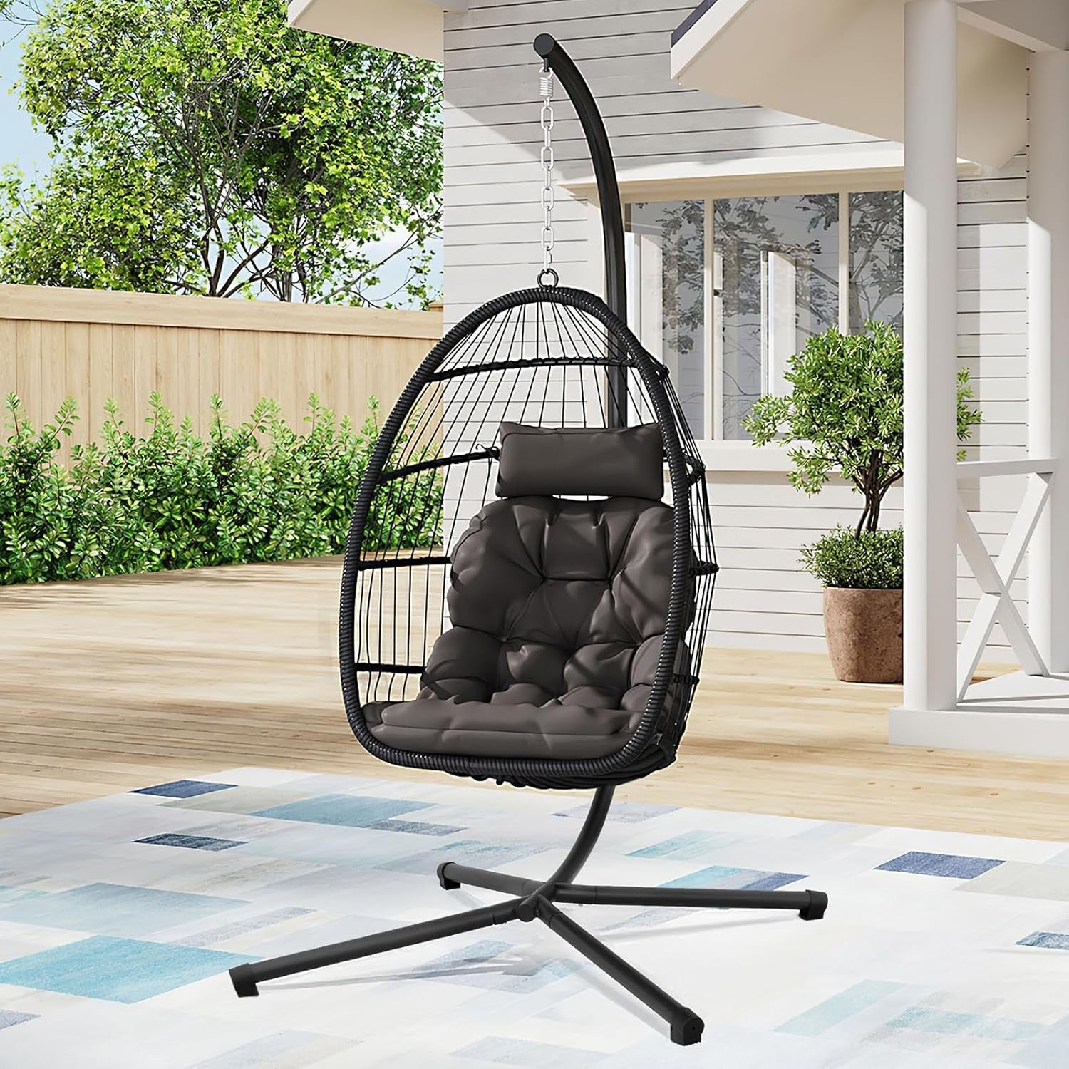 Hanging Egg Chair with Stand Indoor Outdoor Rattan Swing Seat Cushion
