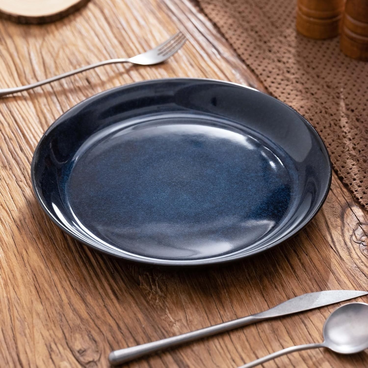 6pc Blue Glazed Dinner Plates 19cm Stoneware Scratch Resistant Dishwasher Safe