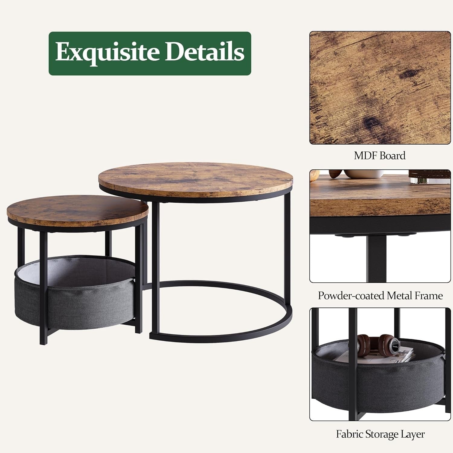 Round Coffee Table Nesting Set Brown Wood Top Iron Frame 120cm Modern