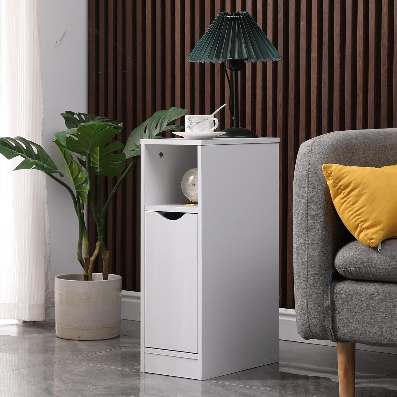 Slim White Bedside Table with Drawer & Shelf, Modern Narrow Nightstand Storage