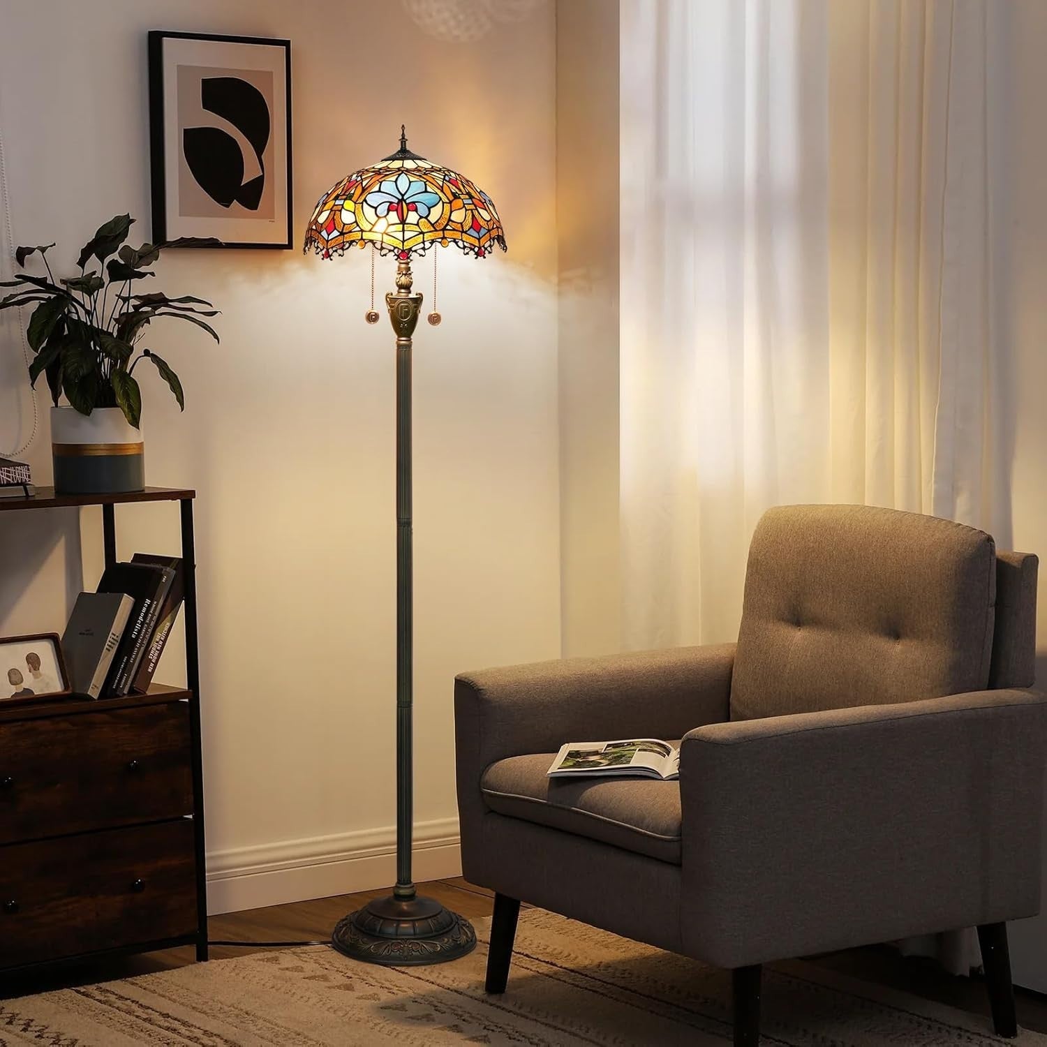 Stained Glass Floor Lamp with Pull Chain & Vintage Bronze Base 64"