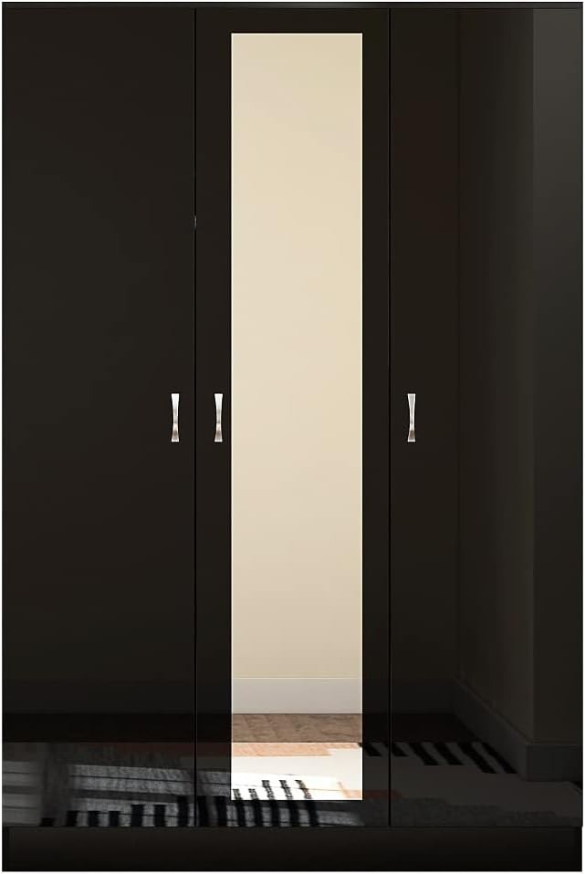 Black Gloss 3-Door Mirrored Wardrobe with Hanging Rails & Adjustable Shelves