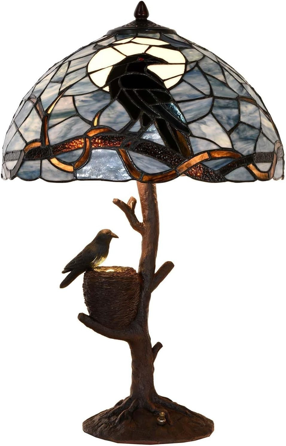 Tiffany Stained Glass Raven Table Lamp Full Moon Night Light Decor