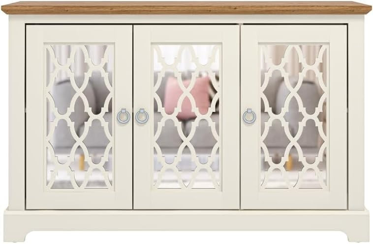 Ivory Oak 3 Door Sideboard Storage Cabinet Adjustable Shelves Durable Wood