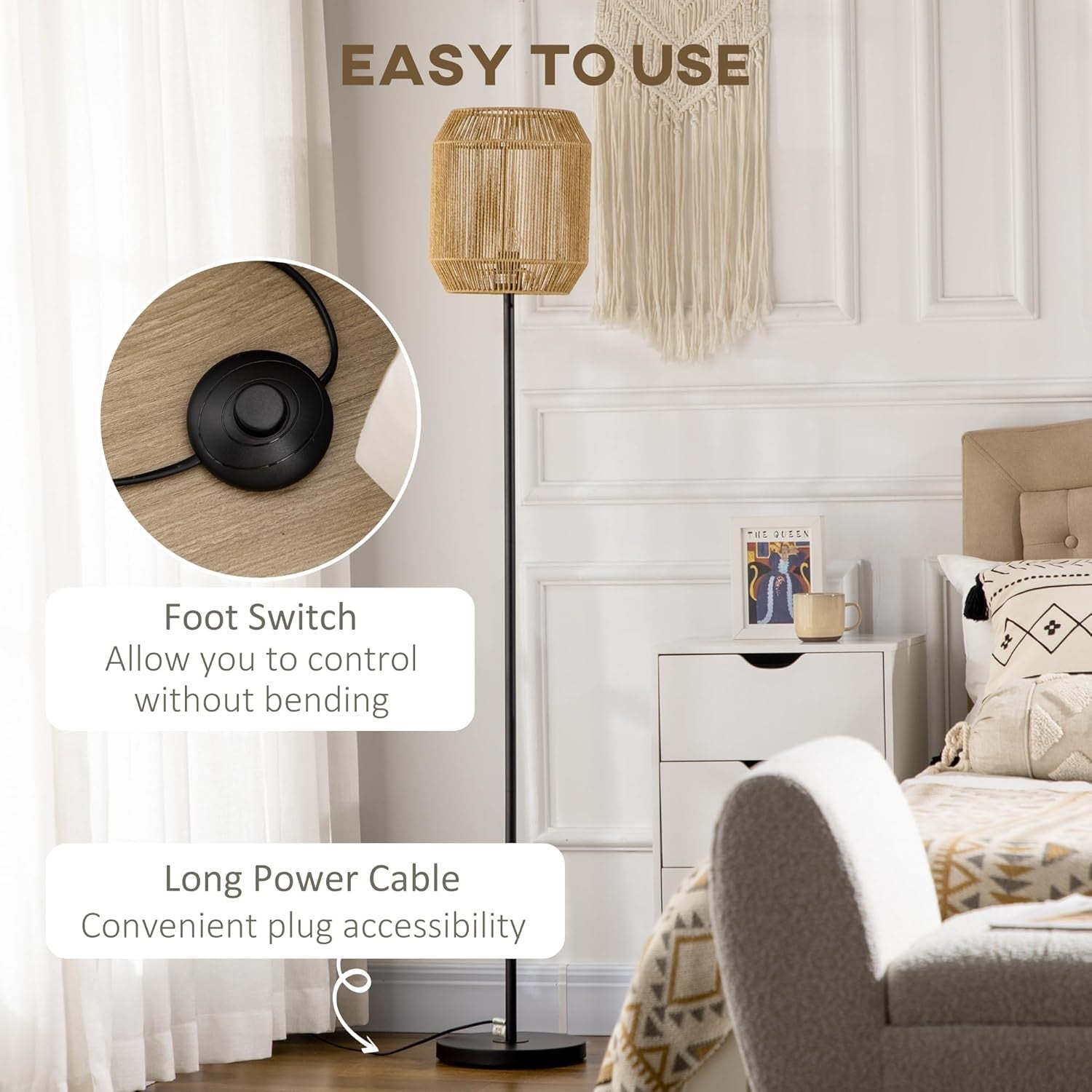 Rattan Floor Lamp Wicker Standing Light Natural Shade Living Room Bedroom