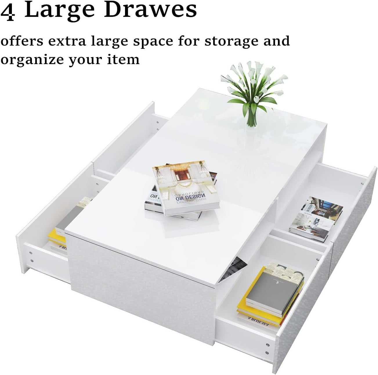 Modern White Gloss Coffee Table 4 Drawers Storage 85x55x35cm Stylish Design