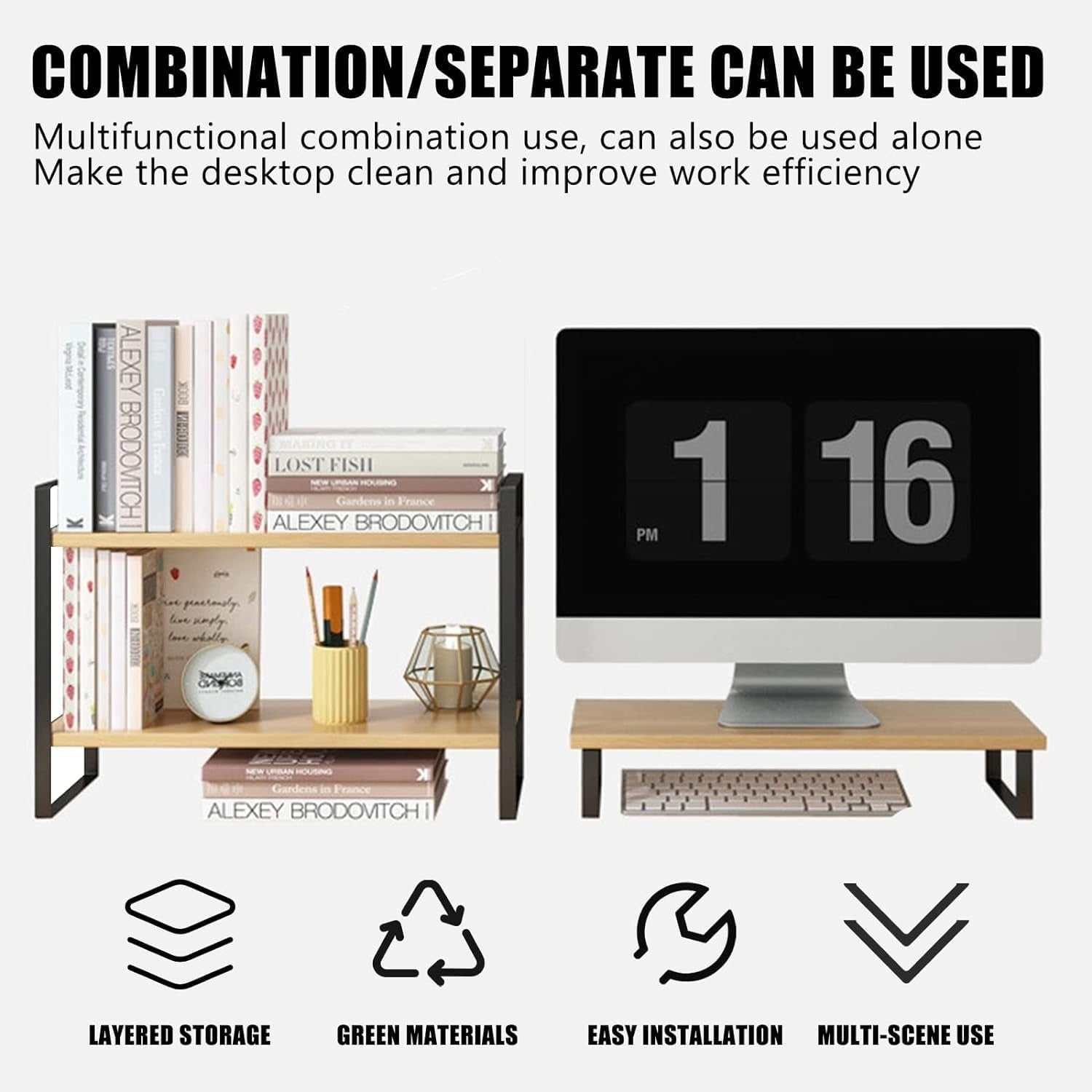 Wood Desk Shelf Organizer – Adjustable 2-Tier Desktop Storage Rack for Office