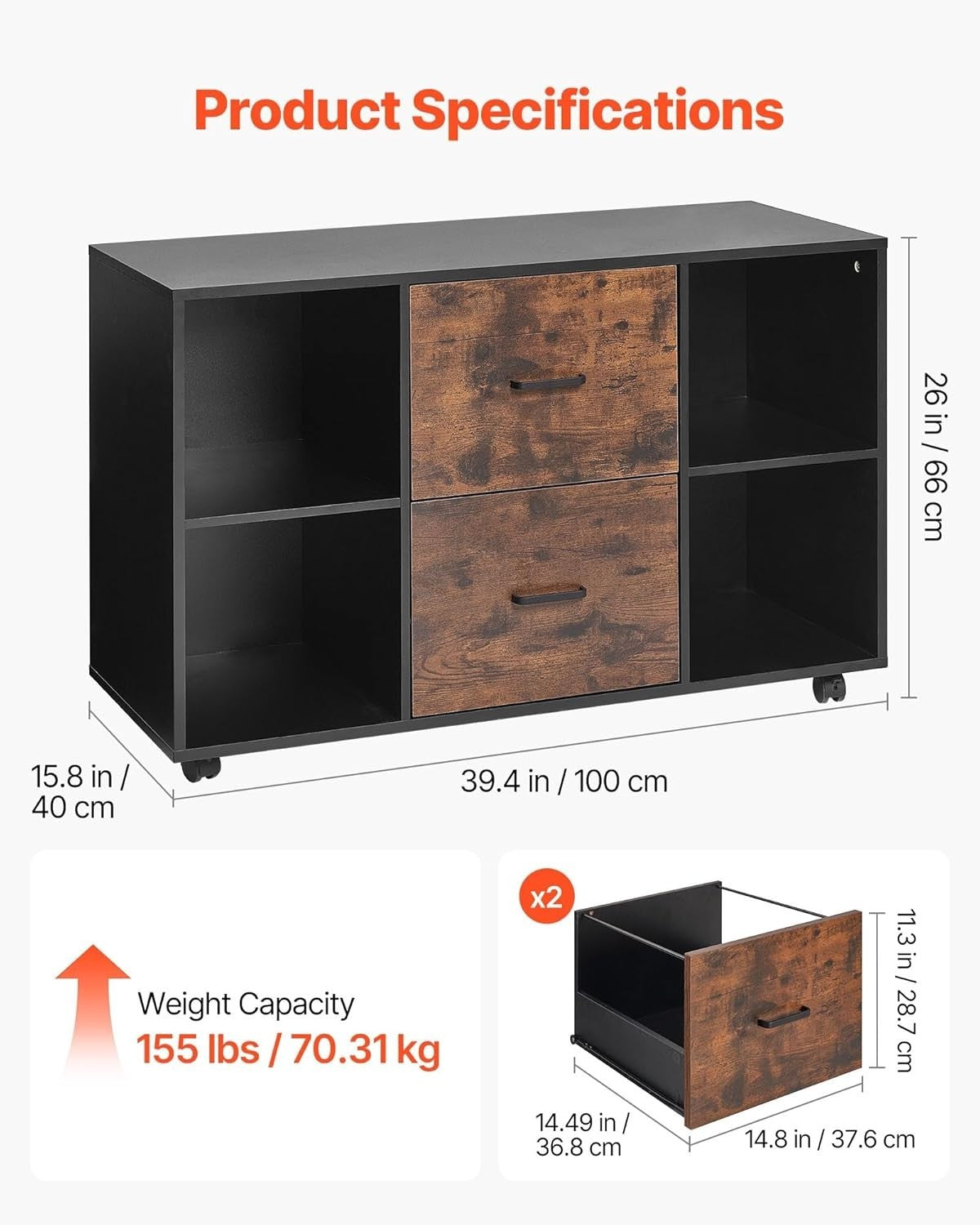 Mobile Wooden Filing Cabinet with Lockable Wheels & Storage Shelves