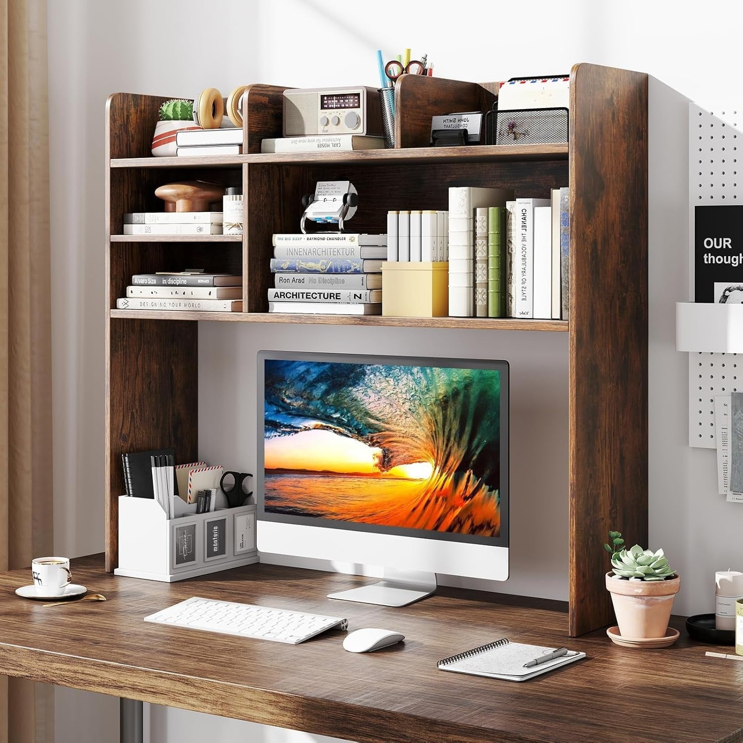 94cm Rustic Desk Hutch – 3-Tier Desktop Bookshelf with Adjustable Shelves