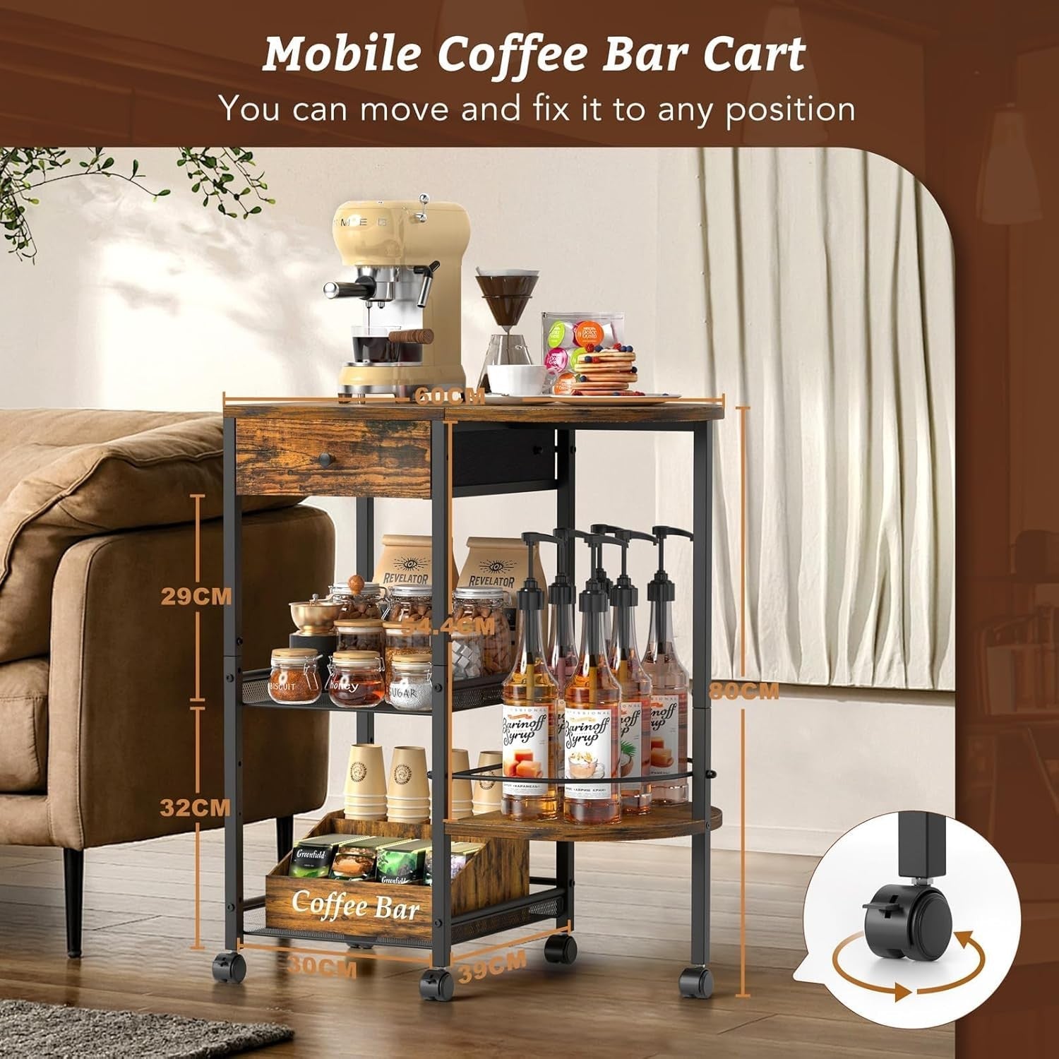 Coffee Station Trolley on Wheels 4 Tier Storage Cart with Drawer & Shelves