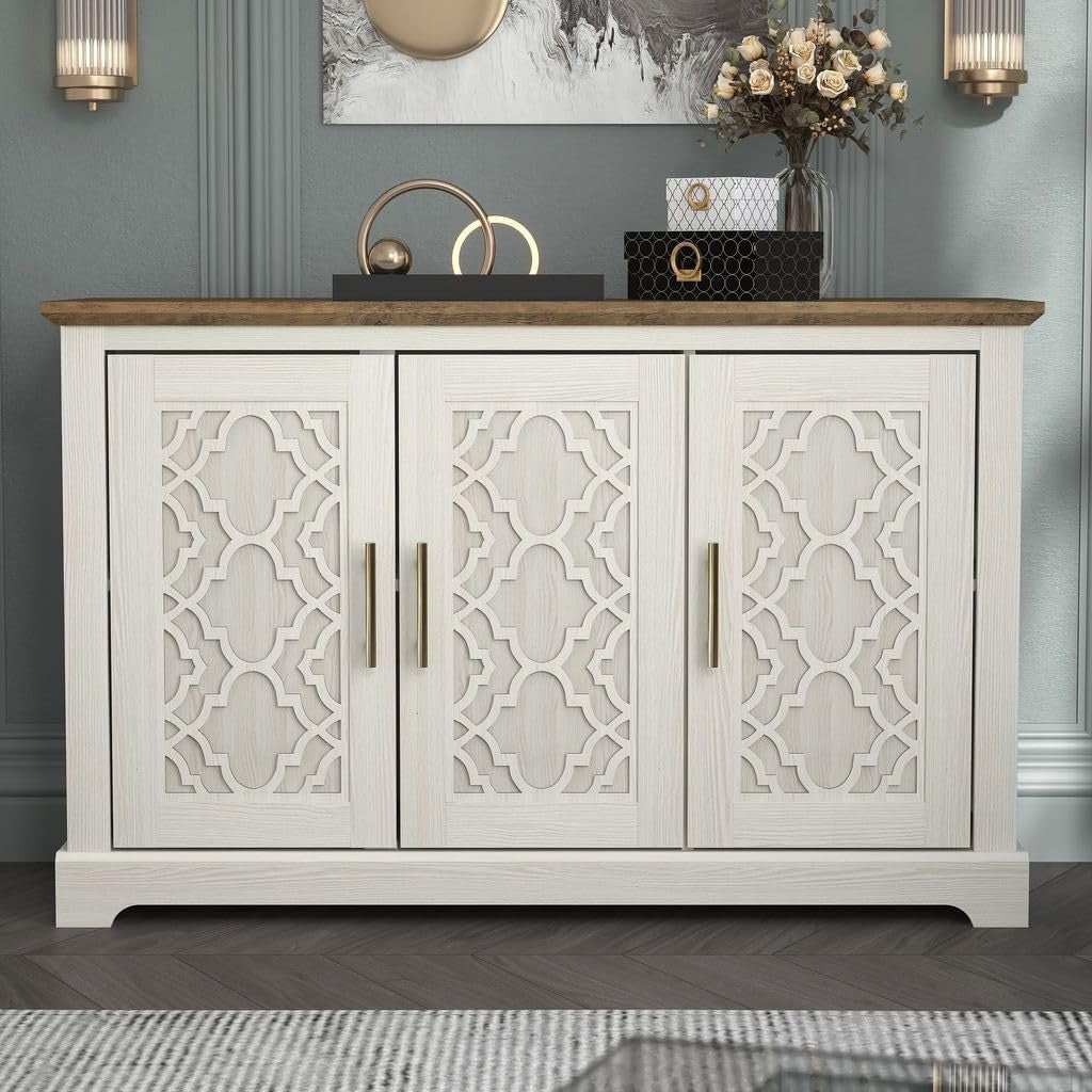 Freestanding 3-Door Storage Cabinet Cream Oak Sideboard Adjustable Shelf (S)