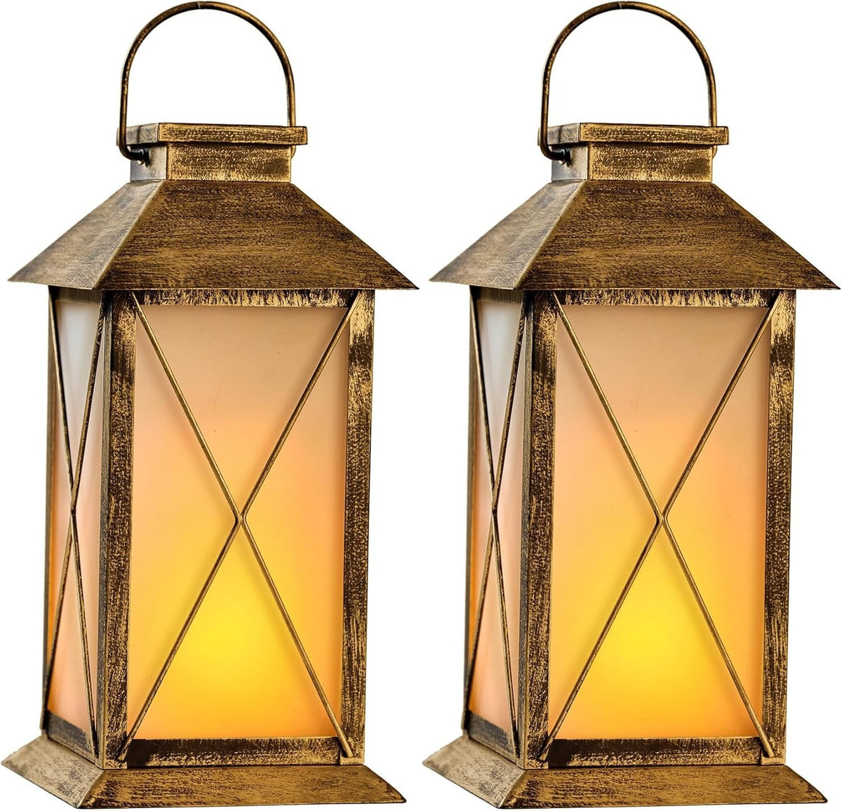 2-Pack Solar Lanterns Flickering Flame 13" Glass Metal Outdoor Lights