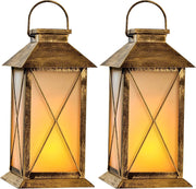 2-Pack Solar Lanterns Flickering Flame 13" Glass Metal Outdoor Lights