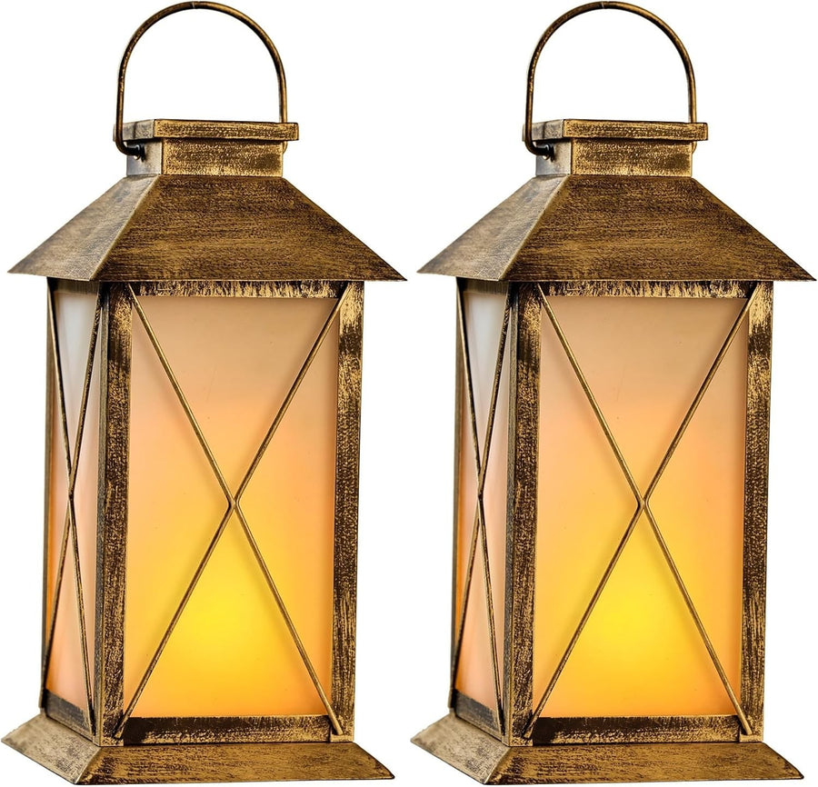 2-Pack Solar Lanterns Flickering Flame 13" Glass Metal Outdoor Lights