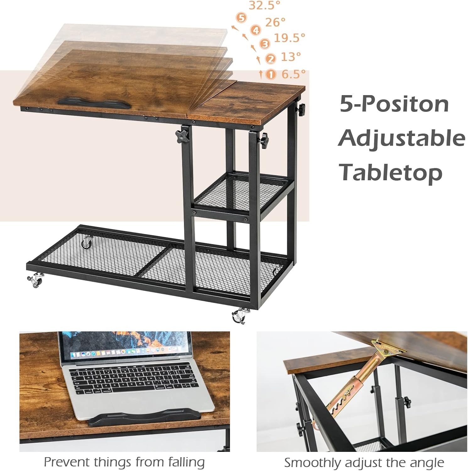 Rustic Brown Overbed Table with Wheels Adjustable Sofa Side Laptop Desk