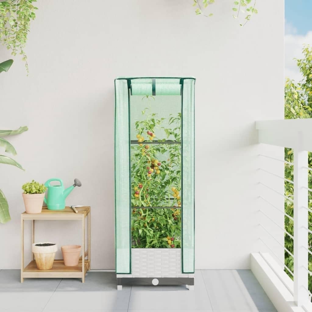 Compact Raised Garden Planter with Greenhouse Cover 40x40x123cm | White Rattan