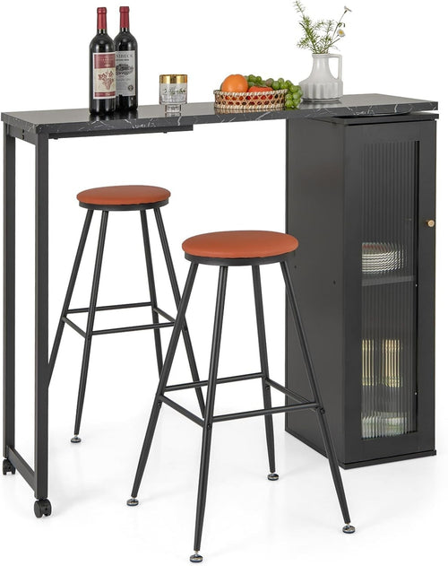 3 Piece Bar Table Set with Stools & Storage Cabinet Faux Marble Swivel Dining