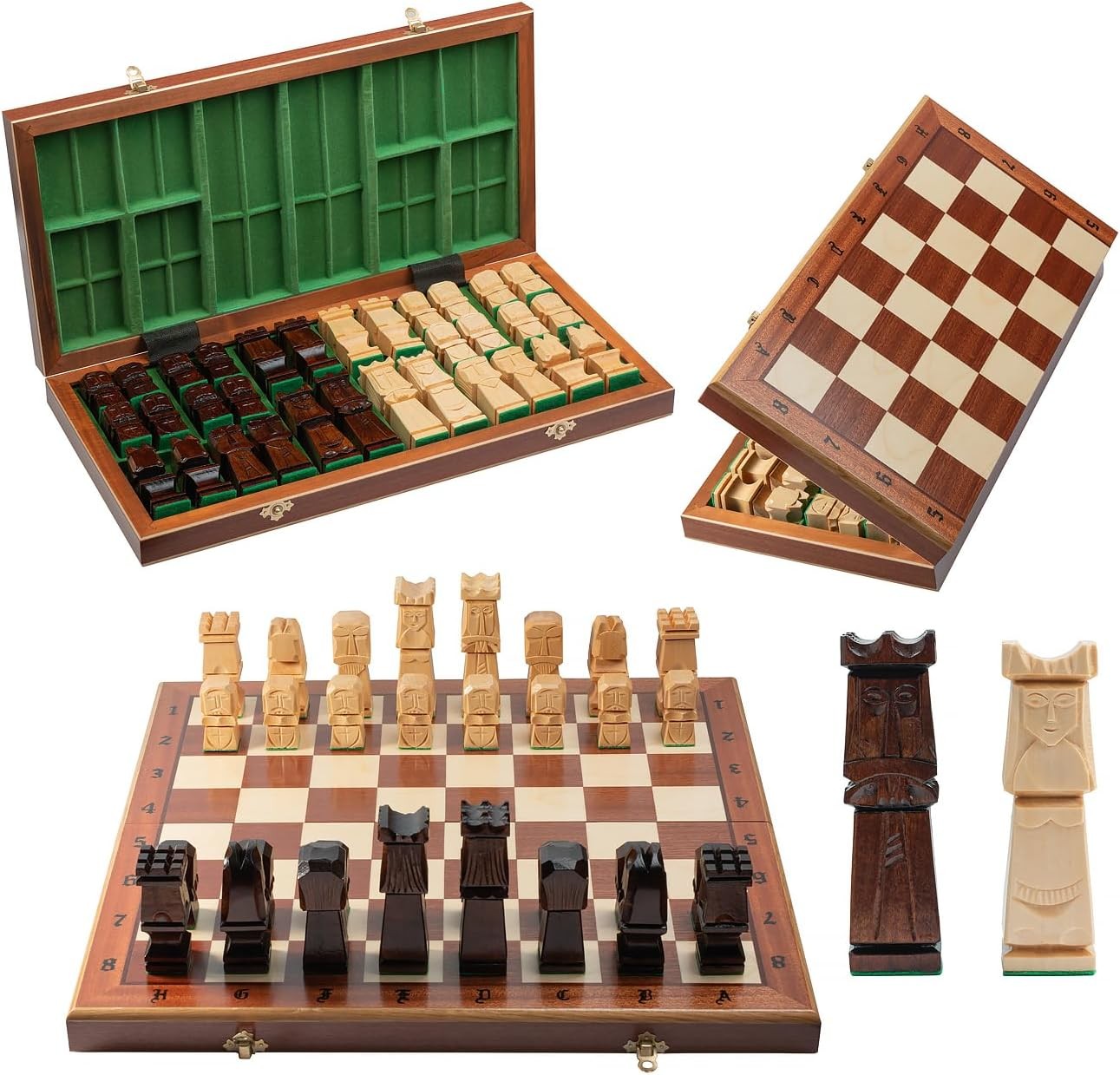 50cm Deluxe Hand-Carved Wooden Chess Set | Inlaid Folding Board & Sculpted Piece