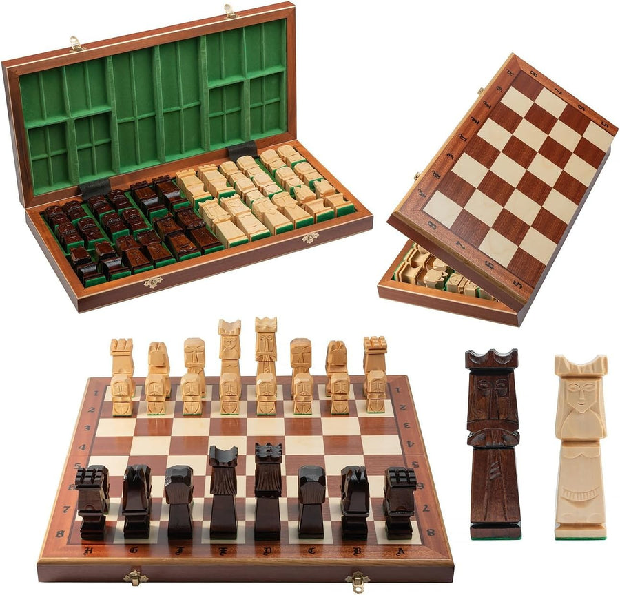 50cm Deluxe Hand-Carved Wooden Chess Set | Inlaid Folding Board & Sculpted Piece