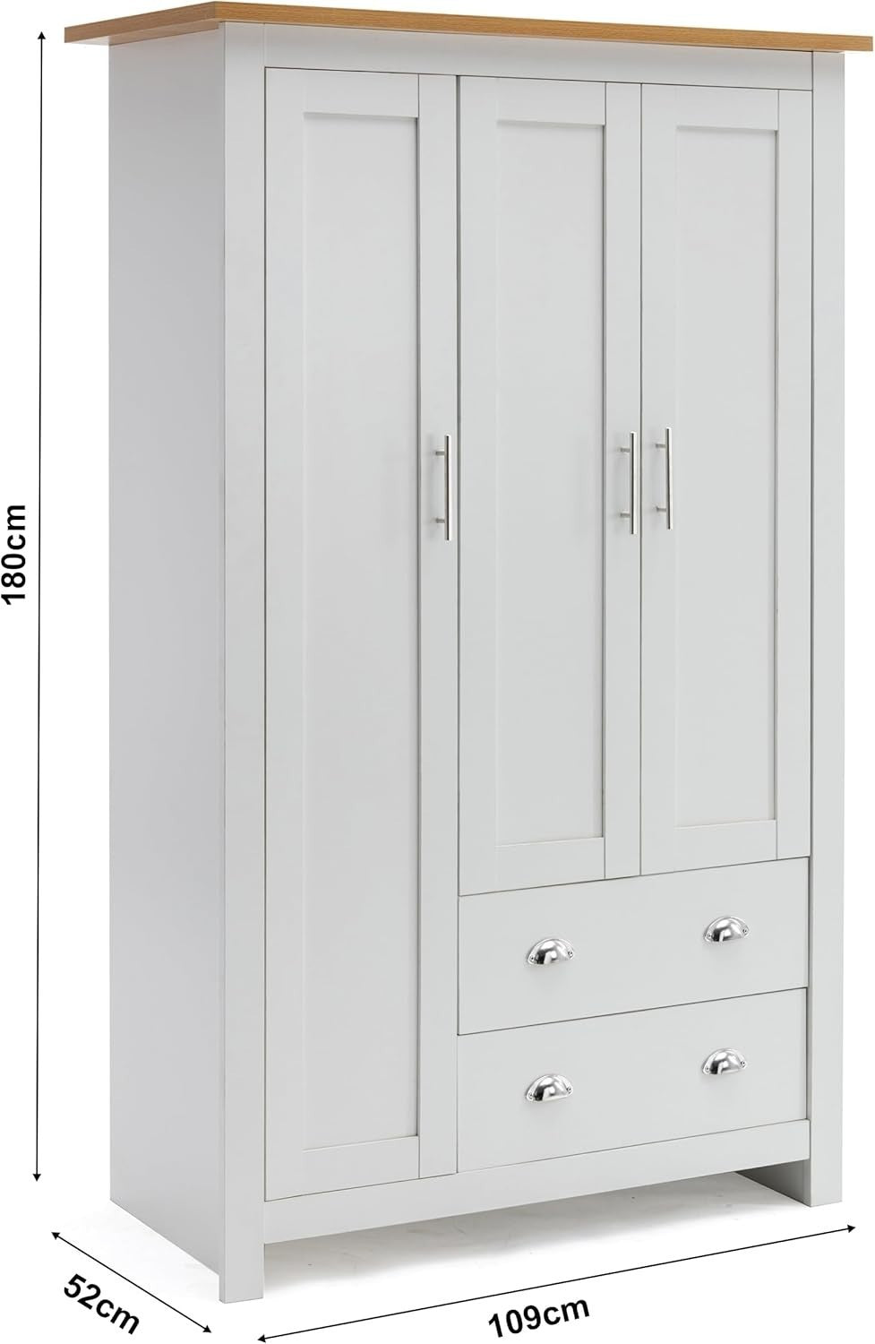 White Oak 3 Door Wardrobe With Drawers & Hanging Rail - Modern Storage