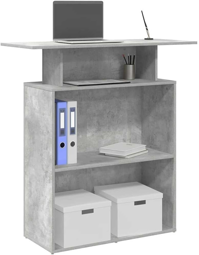 Concrete Grey Reception Desk 100x40x104cm Modern Counter with Storage Shelf