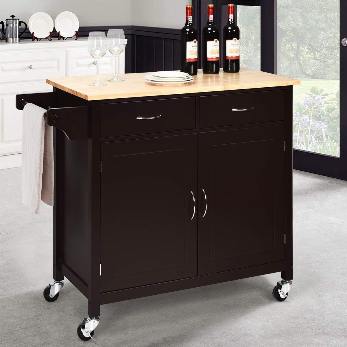 Kitchen Island Trolley Rolling Storage Cart Wooden Worktop Drawers on Wheels