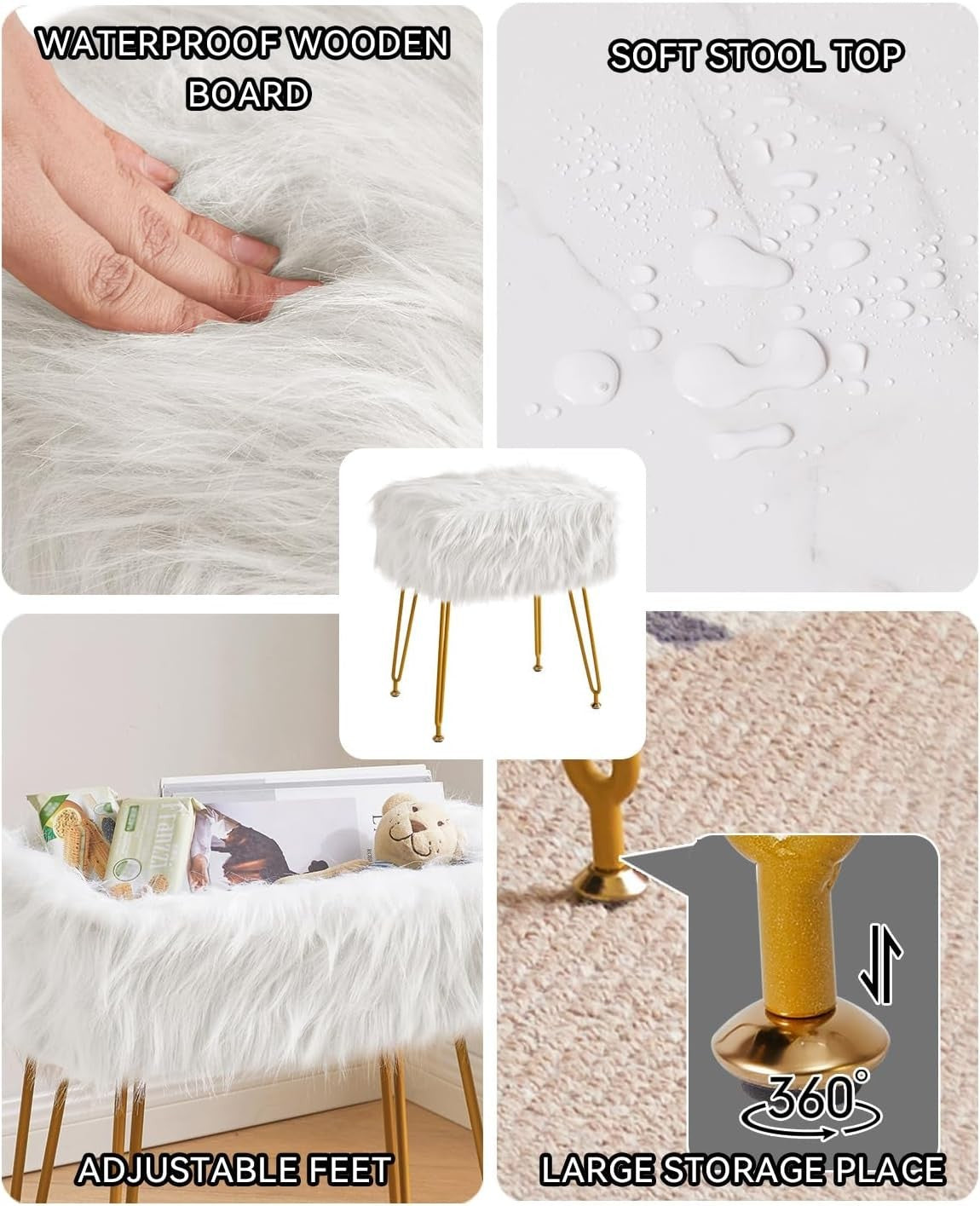 White Rectangular Faux Fur Vanity Stool with Storage & Gold Metal Legs