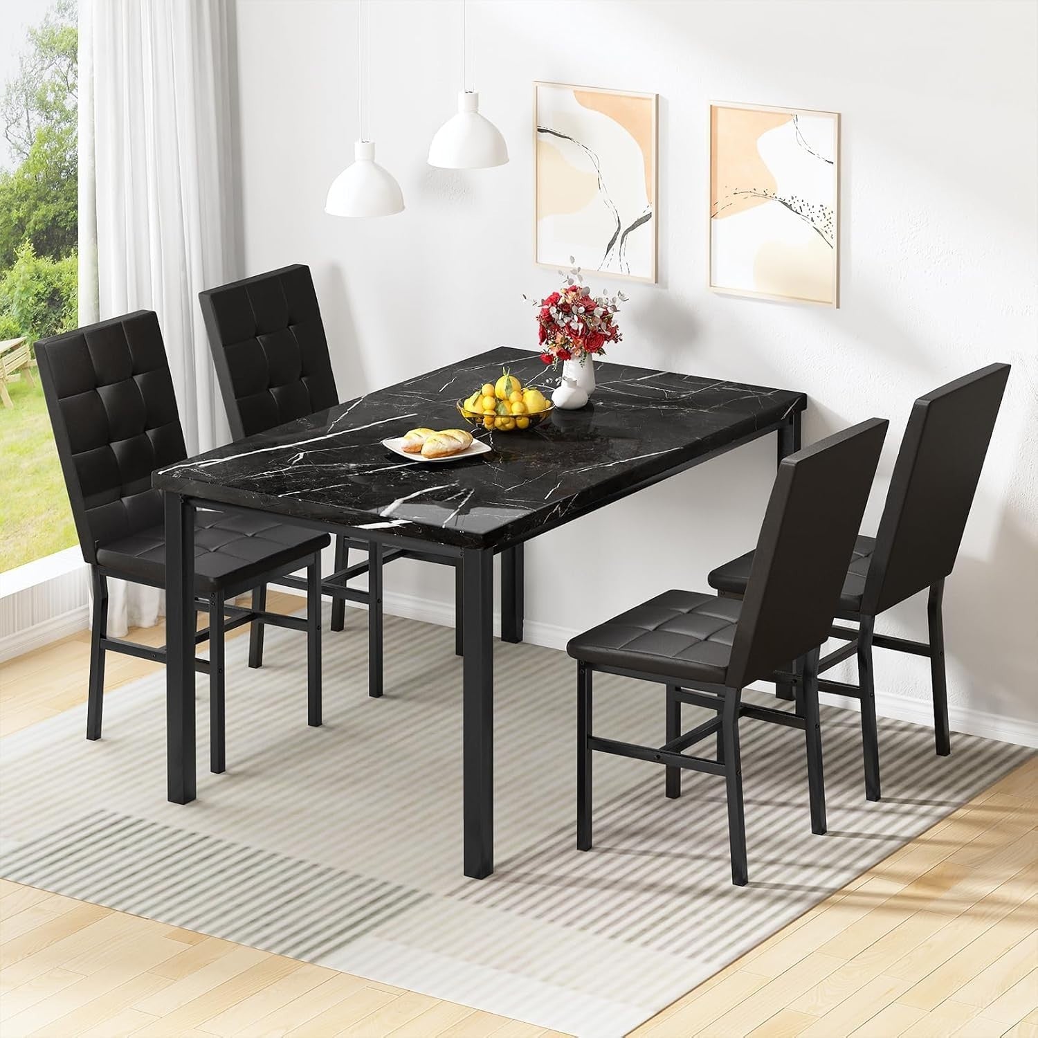 Black Marble Dining Table Set with 4 Leather Chairs Modern 120cm Kitchen