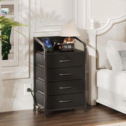 Black Bedside Cabinet  Charging Ports 4-Drawer Nightstand Small Storage