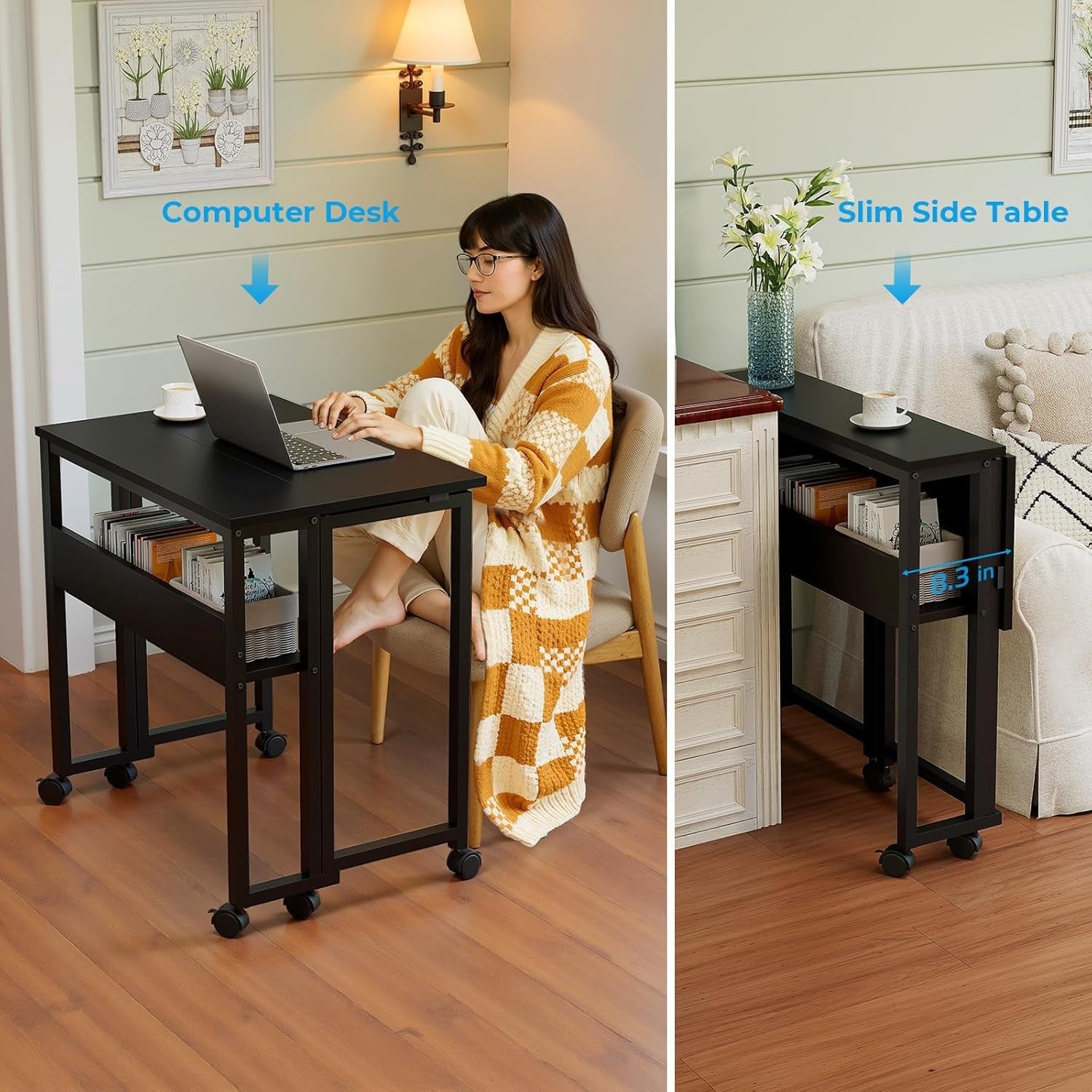 Folding Computer Desk 63cm with Storage Shelf Rolling Home Office Table