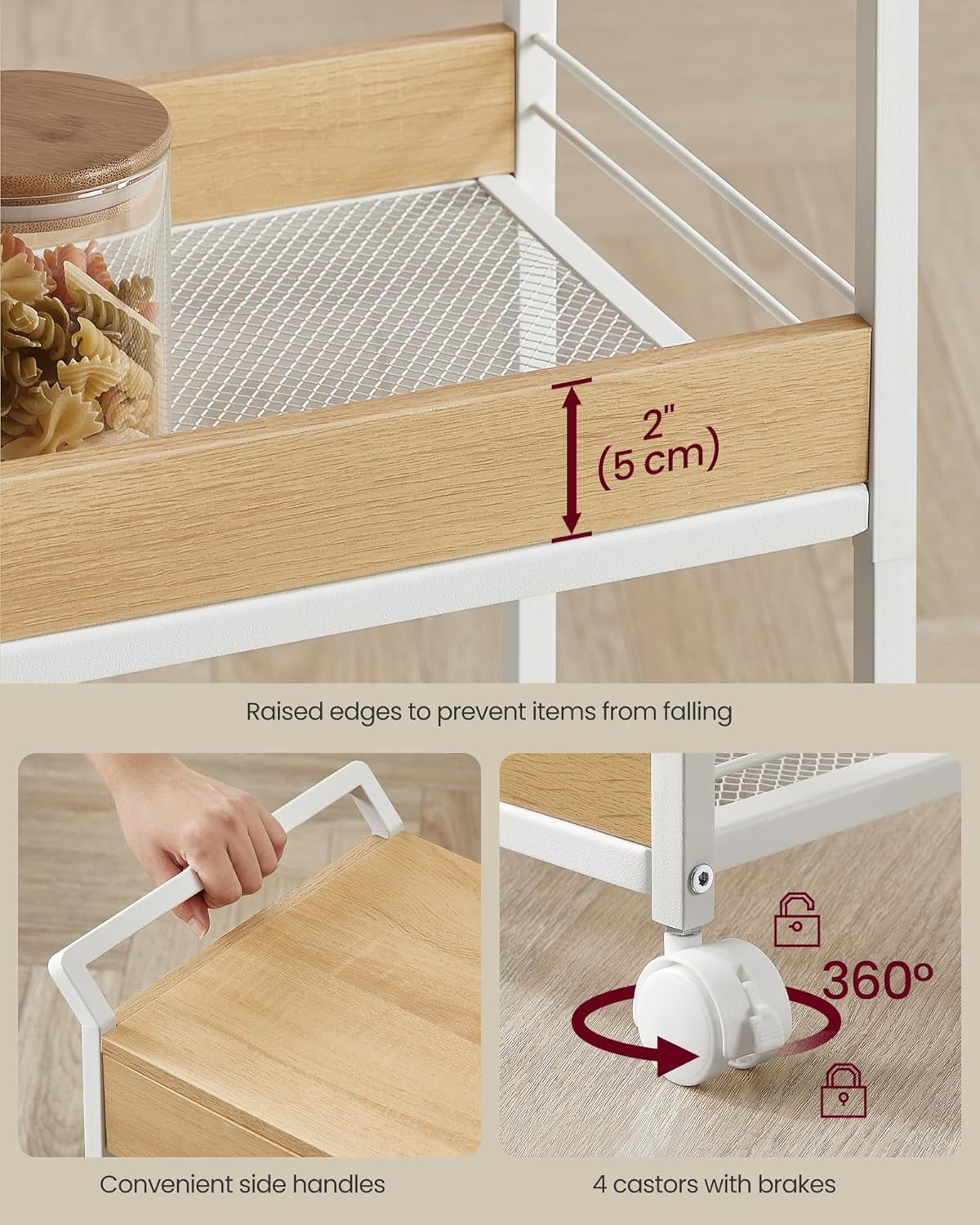 4 Tier Storage Trolley Rolling Cart with Drawer Table Top Mesh Shelves