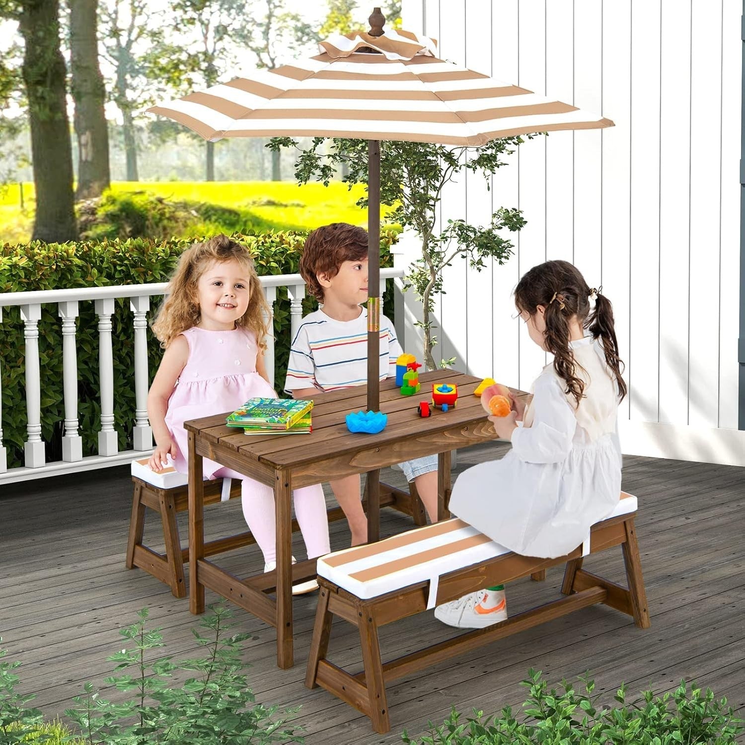 Kids Wooden Picnic Table Set with Cushions & Removable Umbrella, Indoor/Outdoor