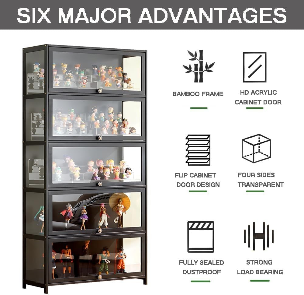 5-Tier Acrylic Door Display Cabinet with LED Lights Toy Collector Shelf 165cm