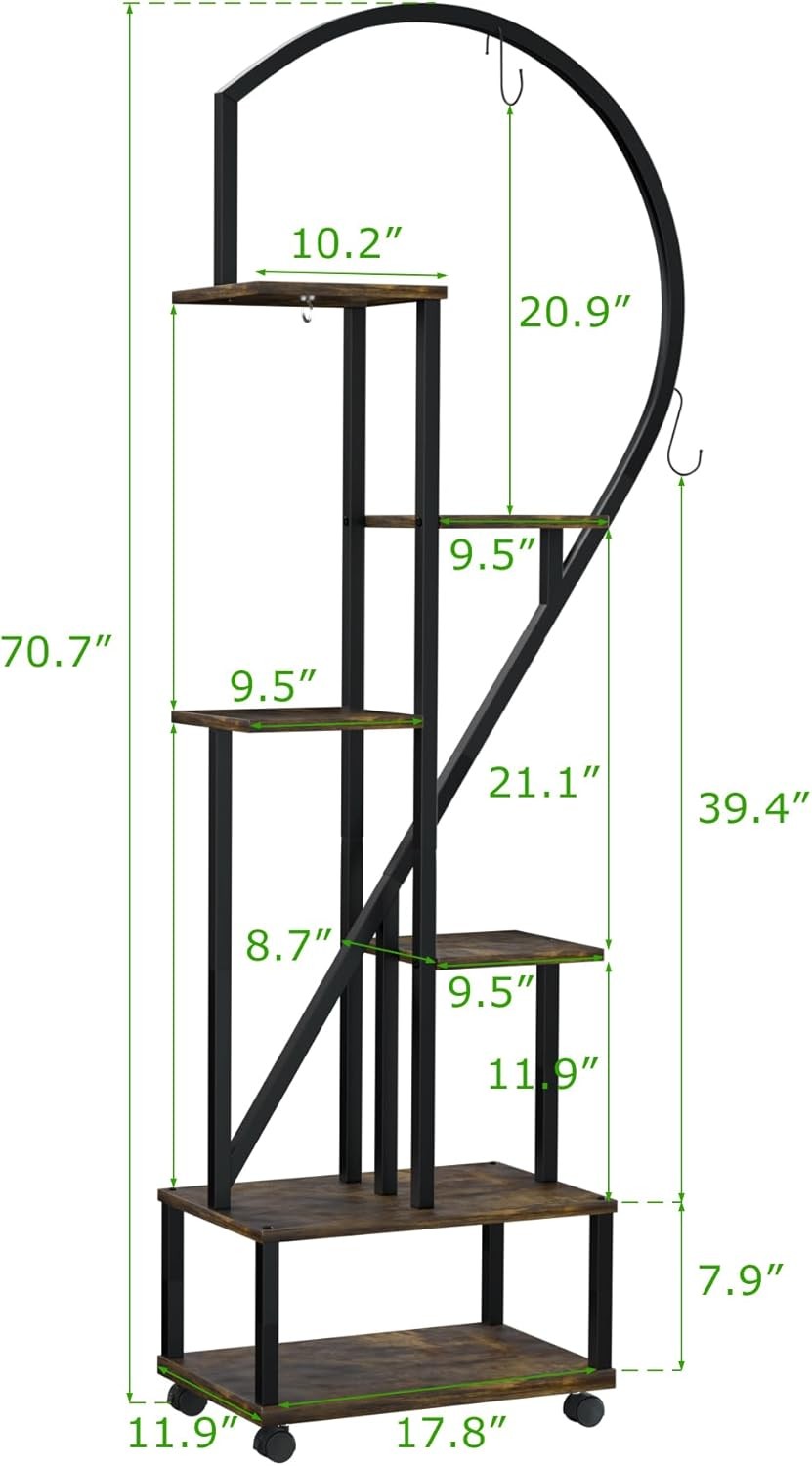 71in Half Moon Metal Plant Stand 6 Tier Tall Flower Shelf Indoor Outdoor Rack