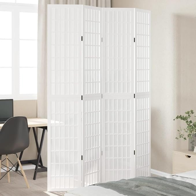 White Wood 4-Panel Room Divider 145x220cm Folding Privacy Screen Home Office