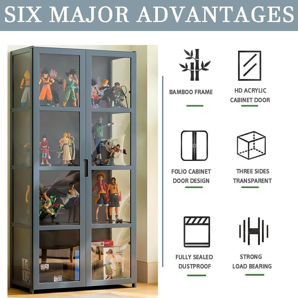 5 Tier LED Display Cabinet with Acrylic Flip Doors | Tall Bamboo Curio Shelf for