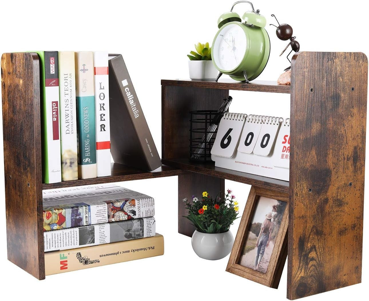 Adjustable Wooden Desk Bookshelf 3-Tier Space Saving Table Organizer