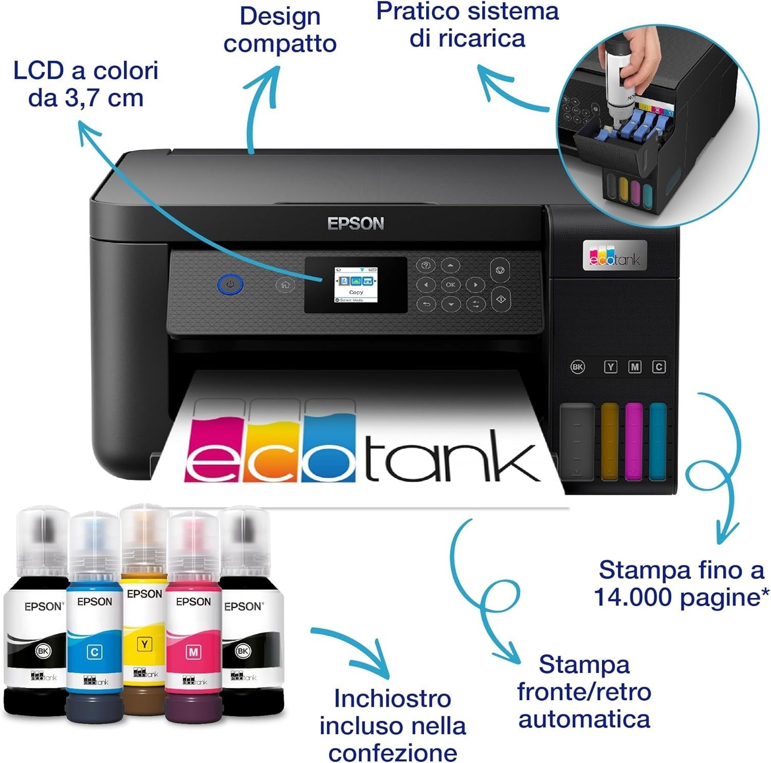 A4 Multifunction Printer High Capacity Refillable Tanks Black Duplex LCD