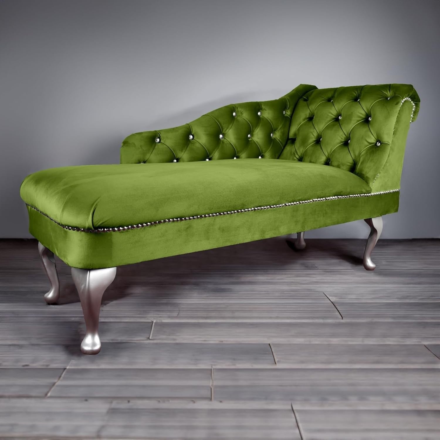 Velvet Chaise Lounge Sofa Right Hand Olive – Tufted Seat, UK Handmade