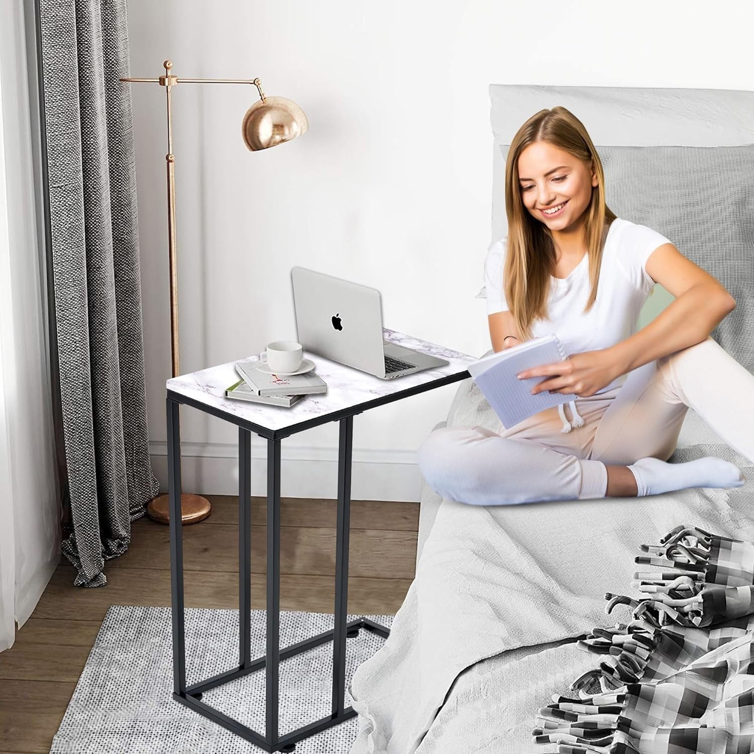 C Shaped Side Table, White Marble Effect Coffee Table for Sofa, Laptop & Snacks