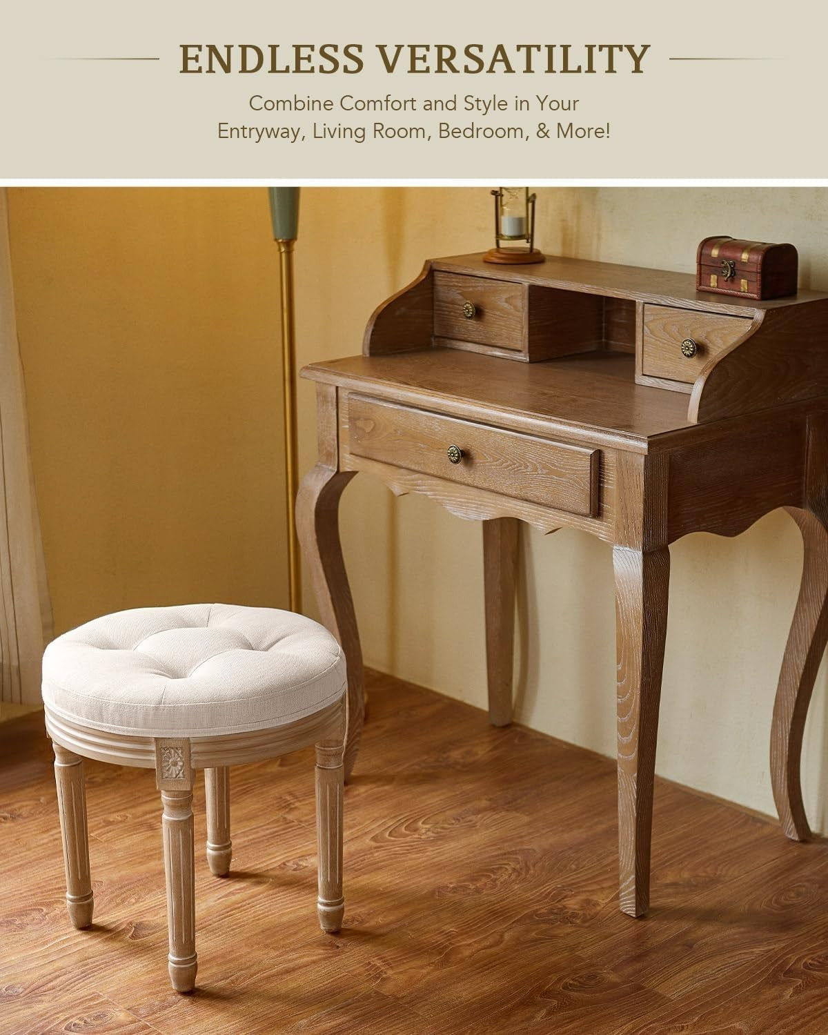 Beige French Vintage Round Ottoman Stool – Tufted 45cm Vanity Seat