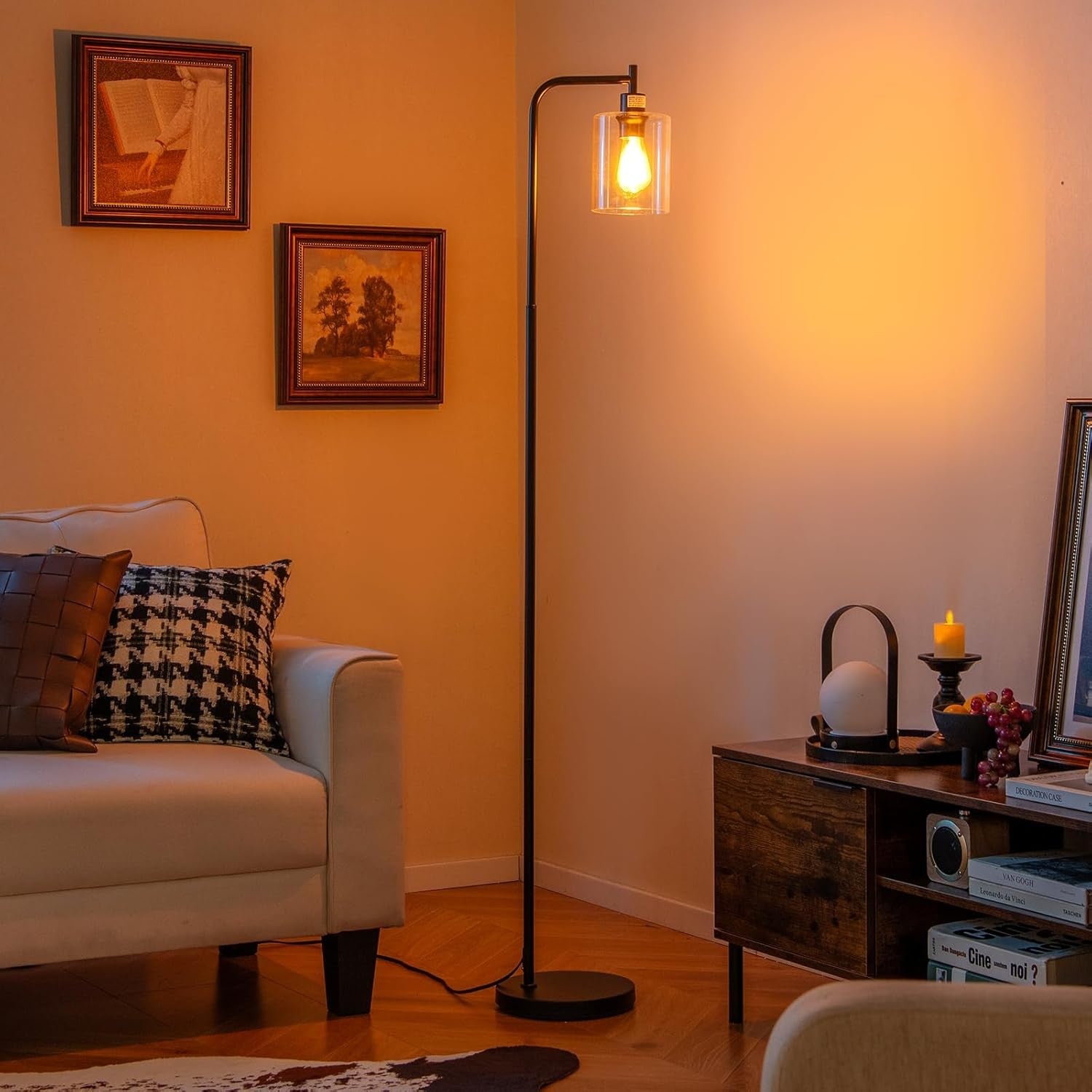 Black Floor Lamp Hanging Glass Shade E27 Modern Standing Reading Light