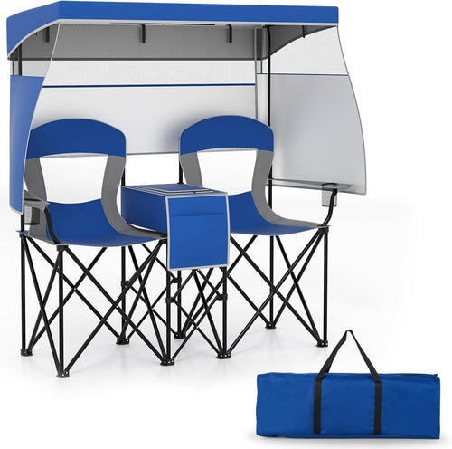 2 Seater Folding Camping Chair with Canopy, Cup Holders & Storage – Navy