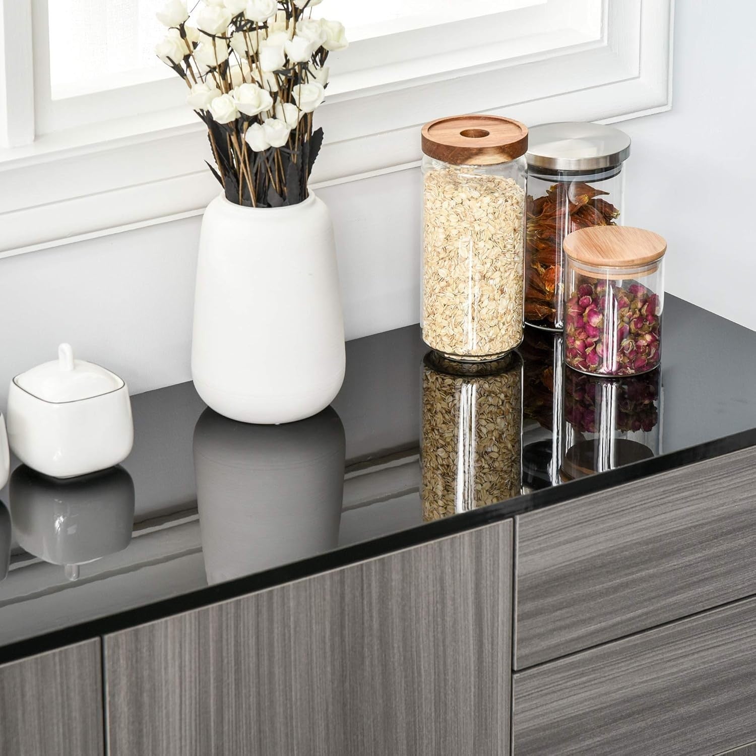 Modern High Gloss Sideboard Cabinet with 2 Drawers & Push-Open Doors Grey